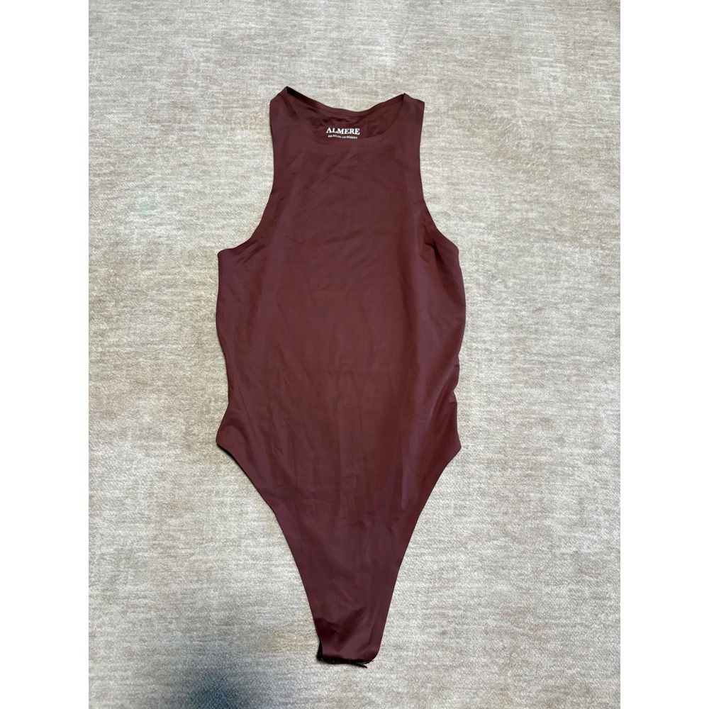 Almere Womens High Neck Thong Bodysuit Burgundy Mahogany Sleeveless Size S